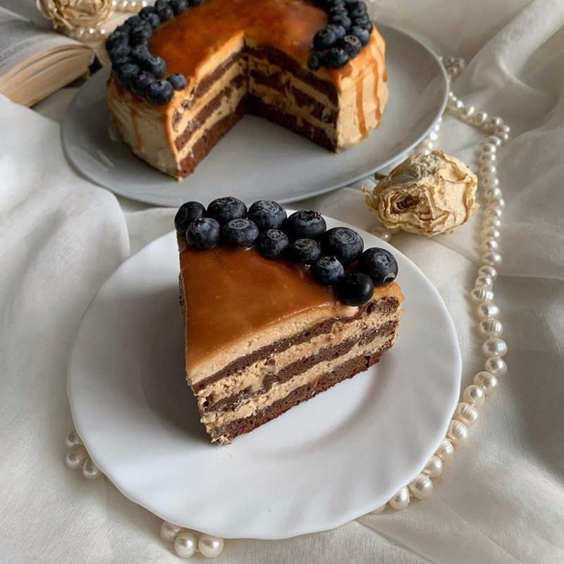 Chocolate cake with coffee cream & nut caramel