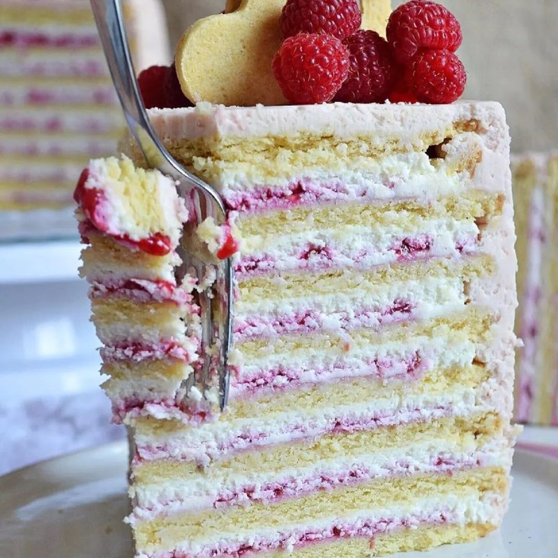 Shortbread cake with cottage cheese cream & raspberry sauce