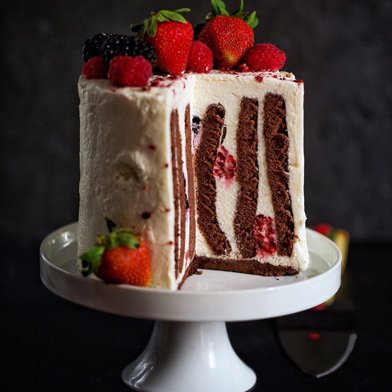 Vertical chocolate cake with yoghurt souffle