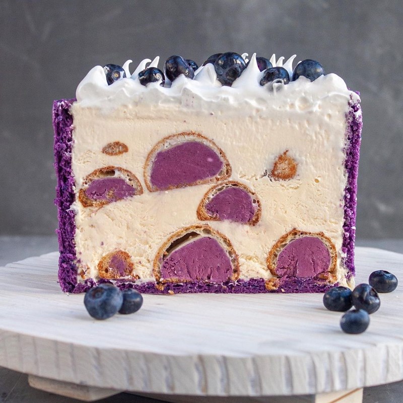 Blueberry cheesecake with profiteroles