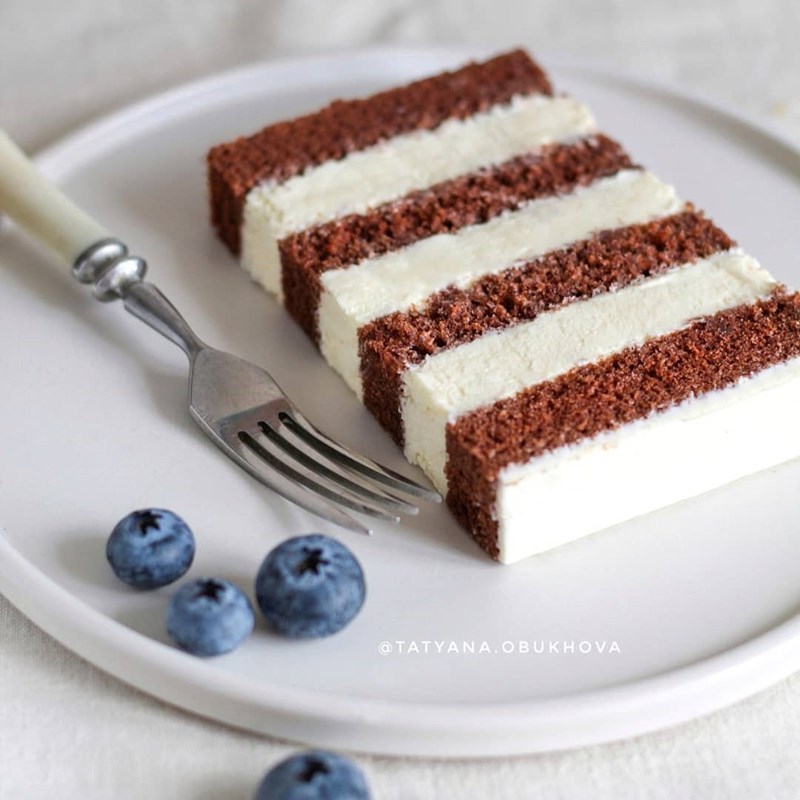 Delicate chocolate chiffon cake with white chocolate cream cheese