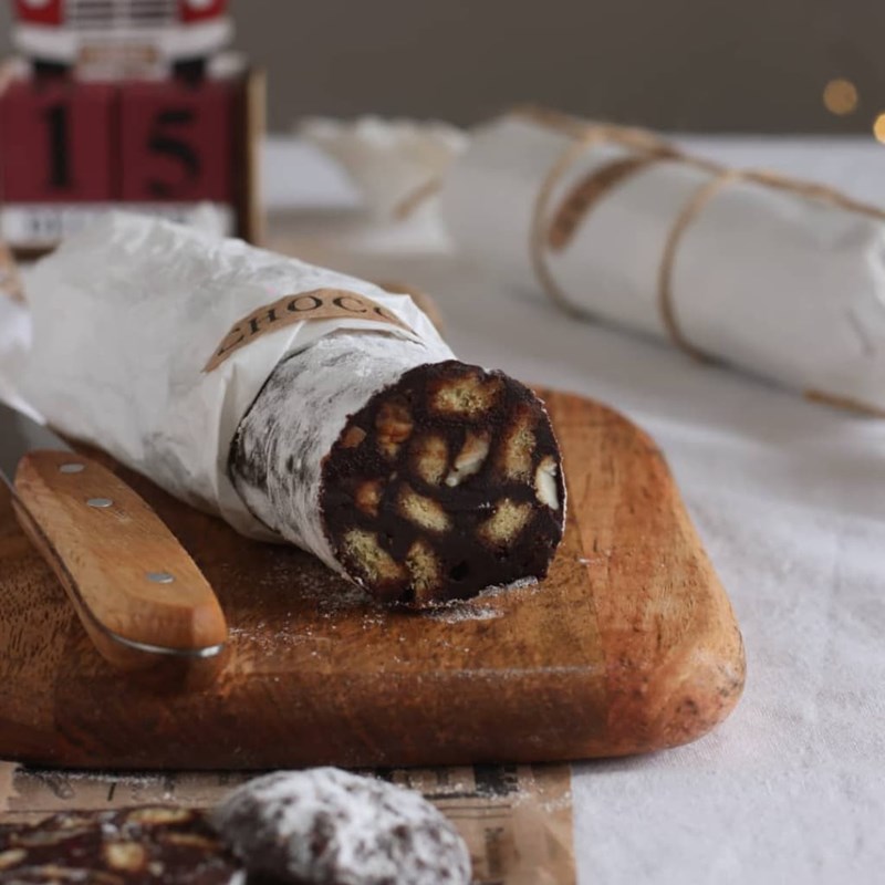 Chocolate Salami with nuts and dried fruits