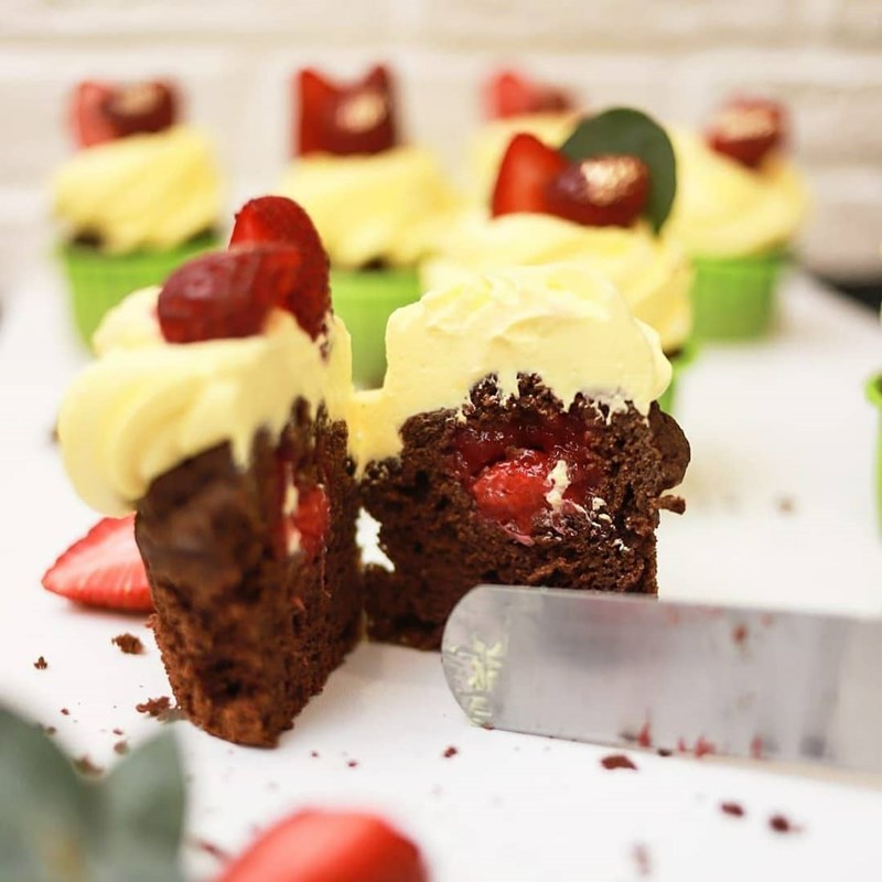 Healthy chocolate cupcakes with cherry confit